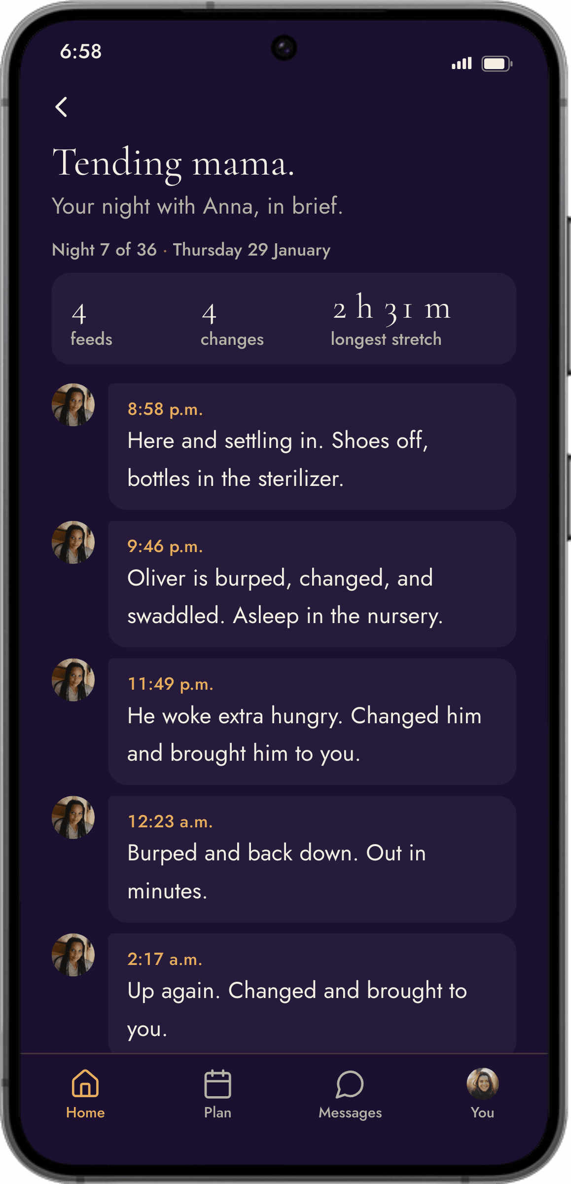 The chart screen: Tending mama. Your night with Anna, in brief.