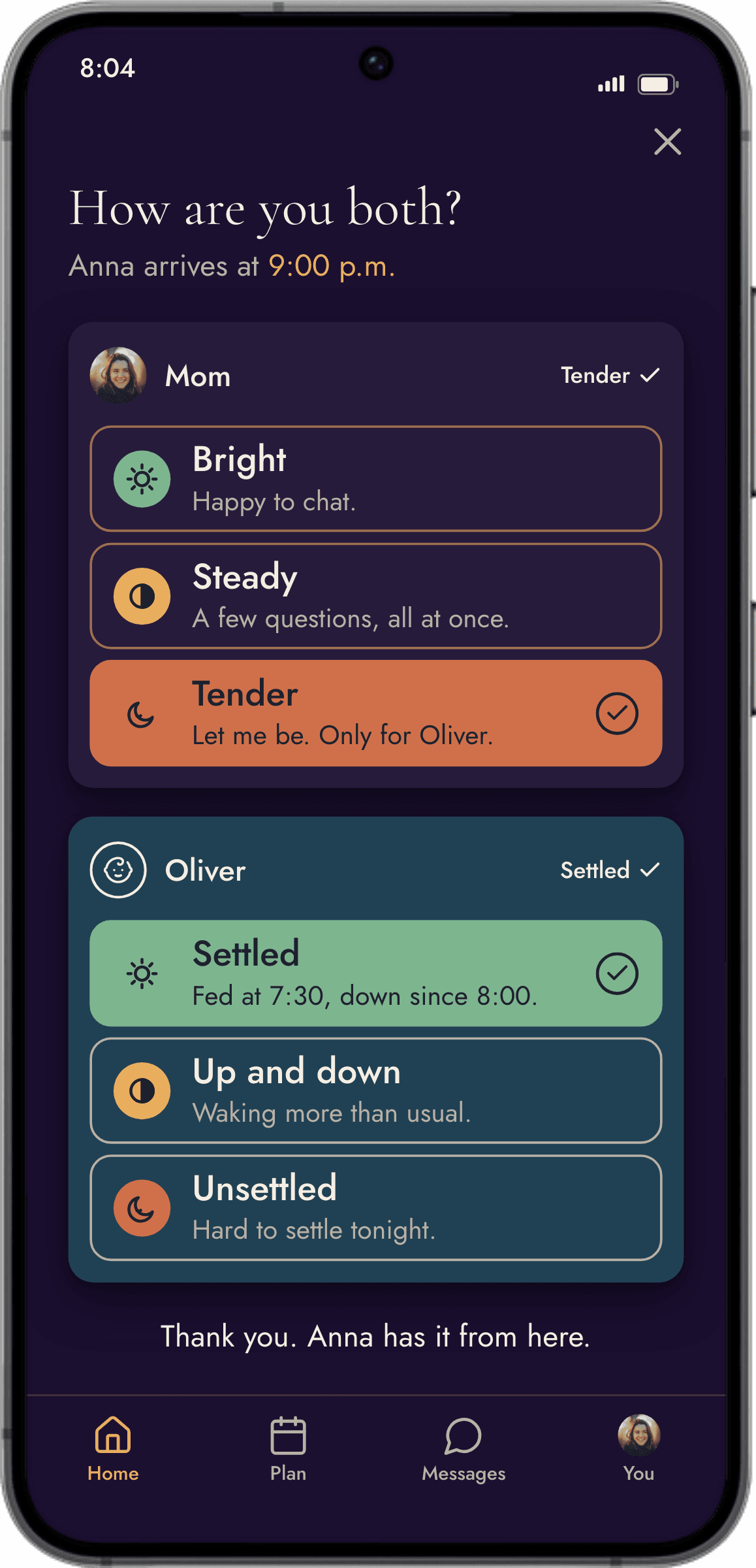 The tending card screen: How are you both? with three choices for mom and three for Oliver.